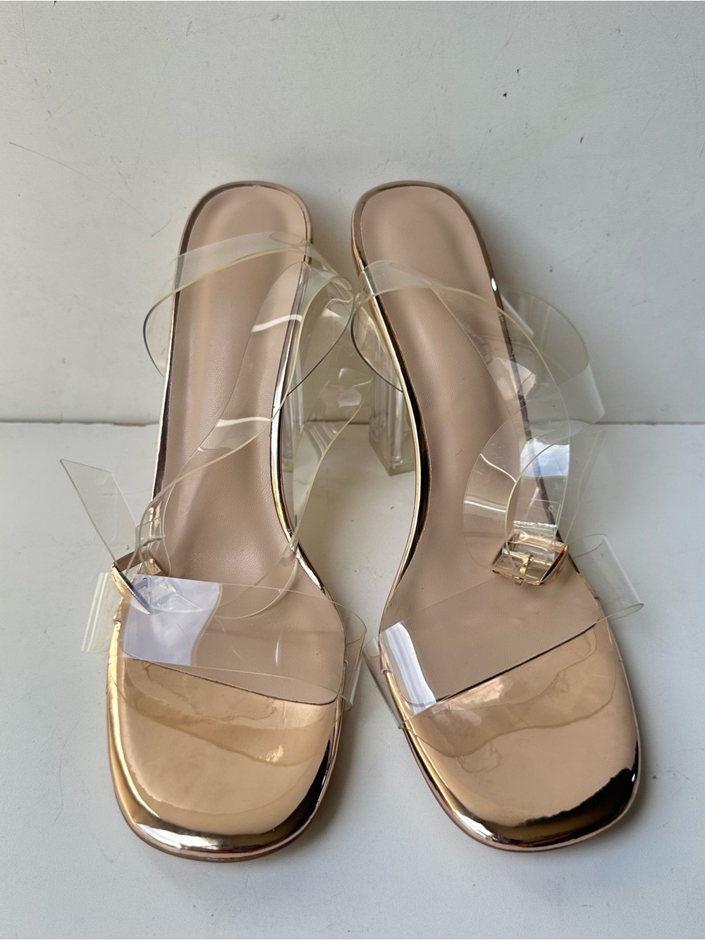Rose Gold Clear Strap Block Heel Sandals Lucite Chunky Heels Women's Size 11